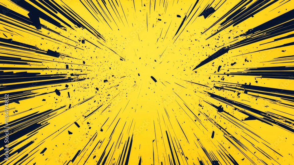 Yellow Manga anime action frame lines with halftones. Pop art retro background with exploding rays of lightning comic style, vector illustration. Abstract explosive template with speed lines