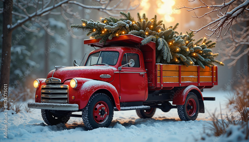 Charming red truck loaded with lit Christmas trees in snowy forest at sunrise Charming red truck loaded with lit Christmas trees in snowy forest at sunrise