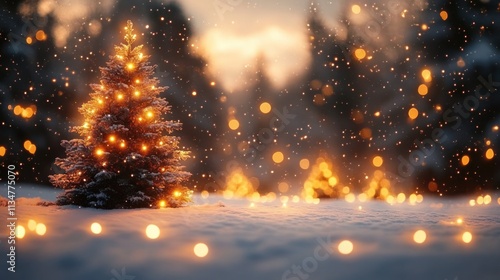 Winter Wonderland with Christmas Tree and Snowy Landscape in Soft Bokeh Lights photo