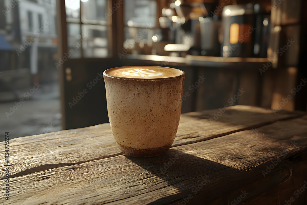 Latte art in a ceramic cup on a rustic wooden counter in a coffee shop. Latte art in a ceramic cup on a rustic wooden counter in a coffee shop.