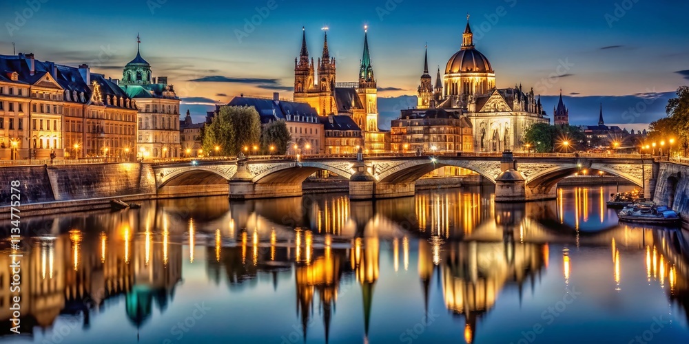 Obraz premium Captivating Low Light Photography of Iconic European City Landmarks at Night, Featuring Architectural Marvels and Stunning Illuminations in Stunning Detail and Vibrant Colors