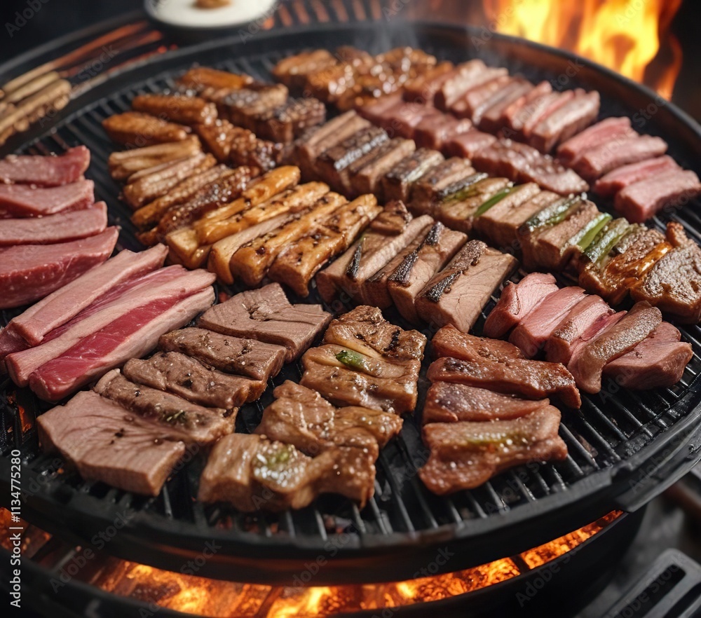 Fiery Korean BBQ grill with multiple meats cooking simultaneously , Korean cuisine, fire, grill marks Fiery Korean BBQ grill with multiple meats cooking simultaneously , Korean cuisine, fire, grill marks