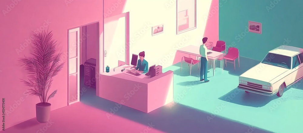 Stylized office with people, car. Stylized office with people, car.