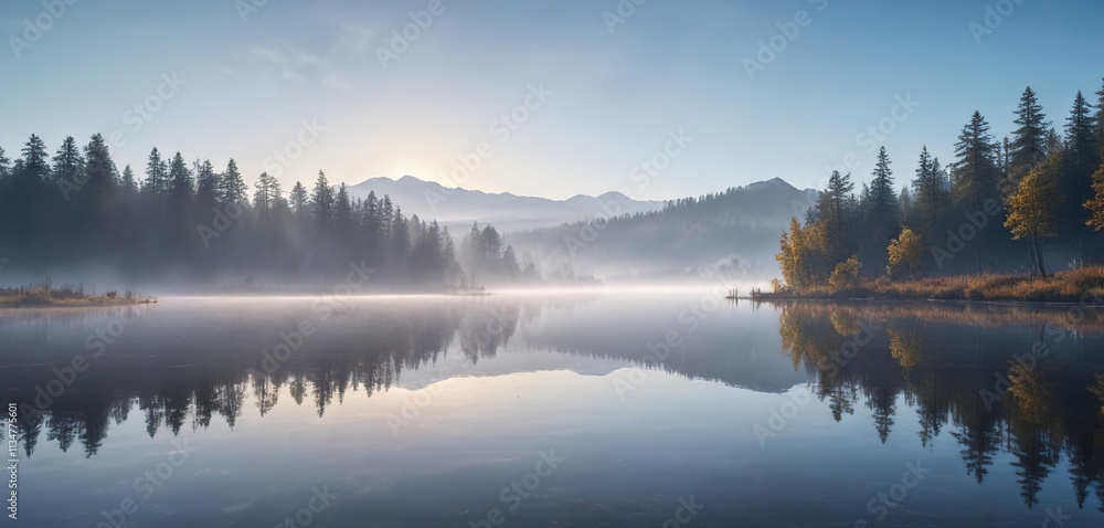 Fototapeta premium Foggy morning over a still lake with clear blue sky above, still, cloudy