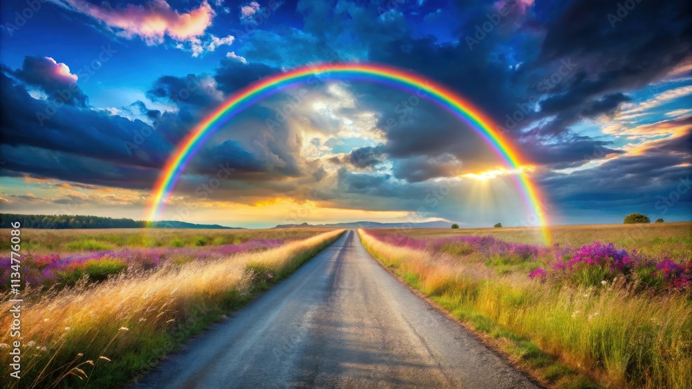 A winding road leading toward a vibrant rainbow arcing through a dramatic sky over a field of wildflowers. A winding road leading toward a vibrant rainbow arcing through a dramatic sky over a field of wildflowers.
