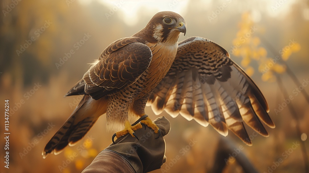 Fototapeta premium A falconer with a glove on, holding a falcon or hawk on field