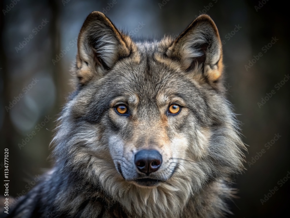 Captivating Low Light Portrait of a Gray Wolf in the Wilderness, Showcasing Its Majestic Features and Intense Gaze Amidst the Shadows of Nature Captivating Low Light Portrait of a Gray Wolf in the Wilderness, Showcasing Its Majestic Features and Intense Gaze Amidst the Shadows of Nature