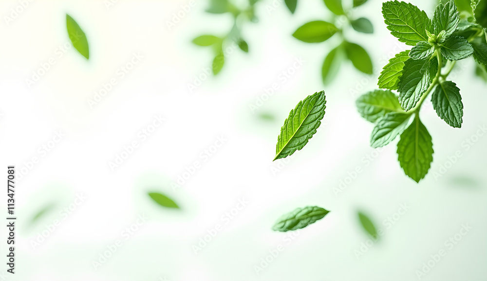 Falling mint leaves, spearmint, isolated on white background, selective focus Falling mint leaves, spearmint, isolated on white background, selective focus