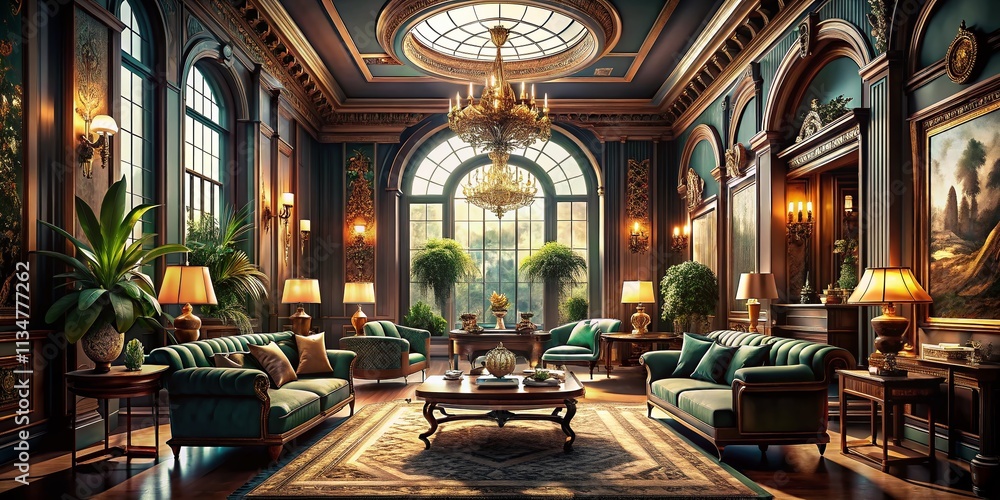 Obraz premium Captivating Luxury 1920s Art Deco Interior with Lavish Retro Colors in a Mansion Setting, Showcasing Opulent Design Elements and Elegant Furnishings