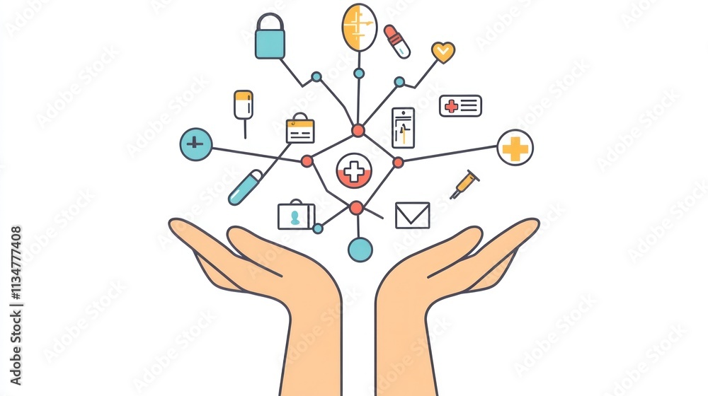 Hands Holding A Network Of Healthcare Icons Hands Holding A Network Of Healthcare Icons