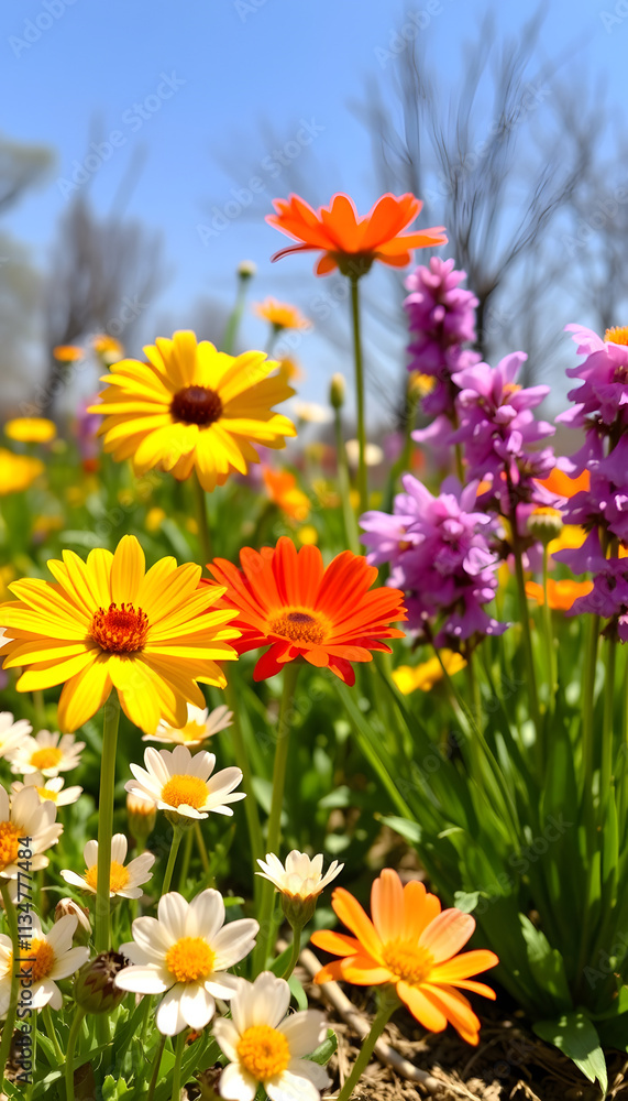 Wildflower Meadow in Bloom: Vibrant wildflowers of various colors blooming in a sunny meadow, a cheerful spring scene Wildflower Meadow in Bloom: Vibrant wildflowers of various colors blooming in a sunny meadow, a cheerful spring scene