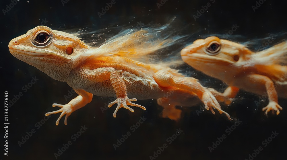Two Orange Lizards in Motion: A Stunning Underwater Close-Up Two Orange Lizards in Motion: A Stunning Underwater Close-Up