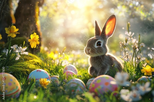 Joyful servant rabbits play among colorful easter eggs and spring flowers during a stunning sunset