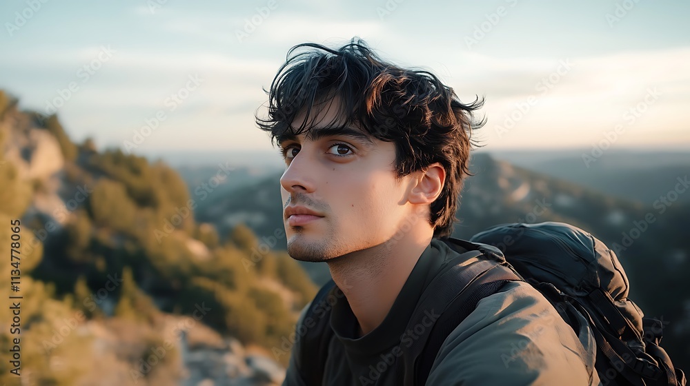 Young Man Contemplates Scenic Mountain View Young Man Contemplates Scenic Mountain View