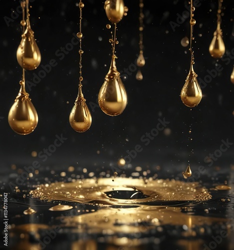 Golden metallic droplets suspended in a black fluid, with subtle ripple effects, abstract motion, movement, shiny photo