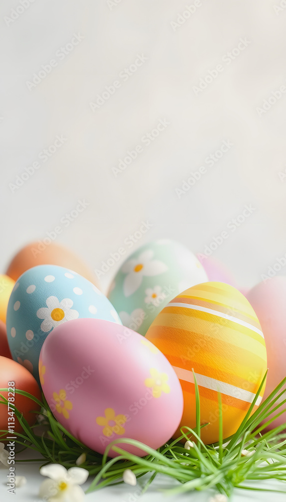 Easter Eggs in Spring Grass: Decorated Easter eggs nestled in green grass with small white flowers, a festive springtime scene Easter Eggs in Spring Grass: Decorated Easter eggs nestled in green grass with small white flowers, a festive springtime scene