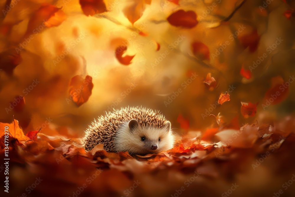 A hedgehog resting among autumn leaves in a serene, nature-filled setting. A hedgehog resting among autumn leaves in a serene, nature-filled setting.