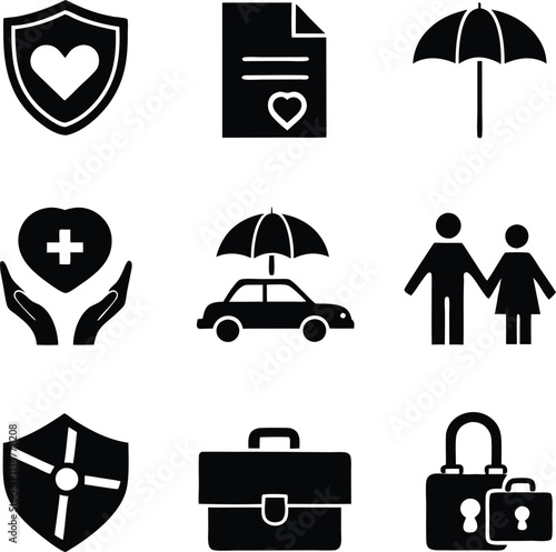 Insurance Icons Protection, Health, Car, Family, Security, Safety