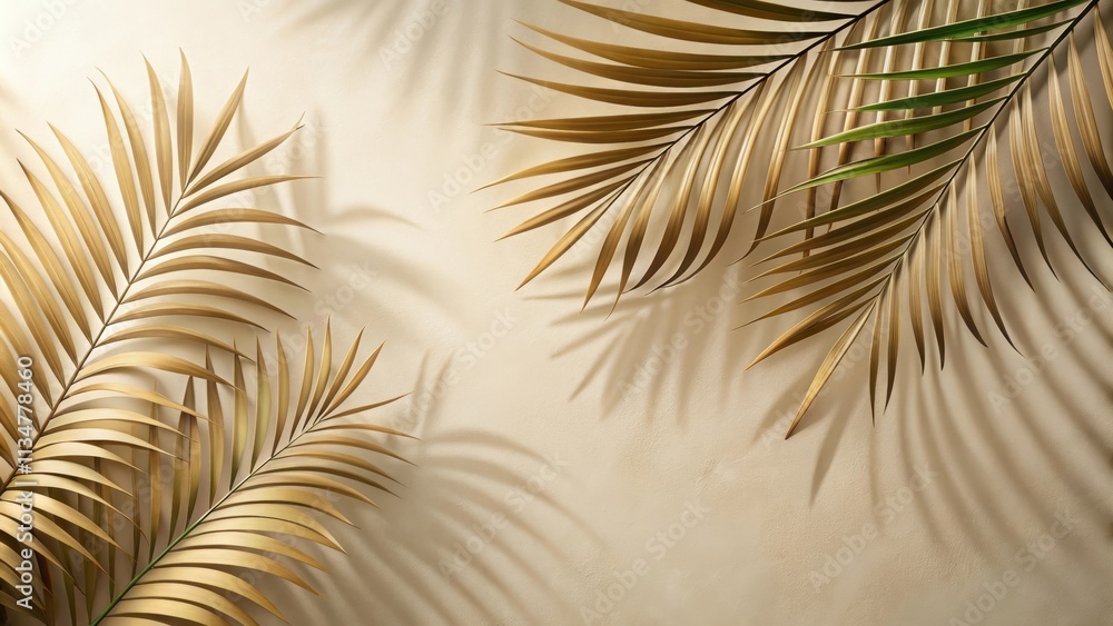 Fototapeta premium Neutral-colored background with shadows from palm fronds, palm fronds, shadows, nature, background, tropical, leaves