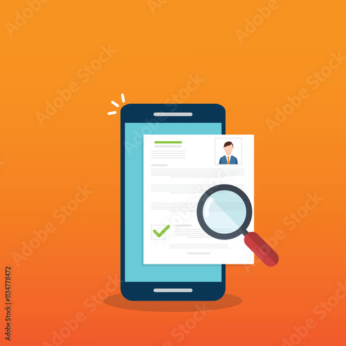 Online resume analysis, use magnifying glass to view recruitment resume, concept of recruitment and human resources