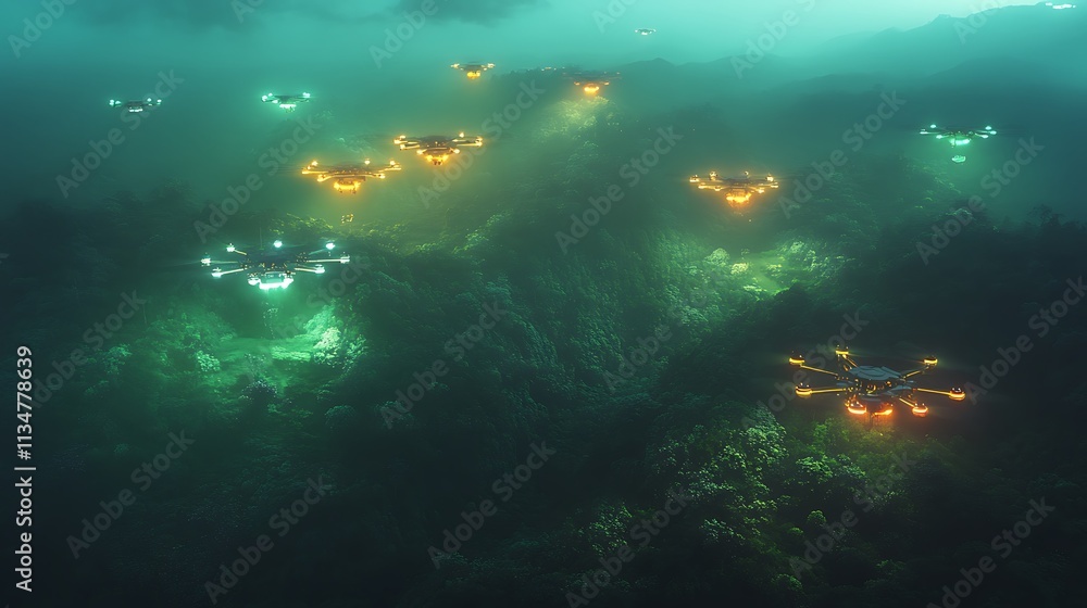 Fototapeta premium Underwater drone swarm exploring bioluminescent coral reef at night.