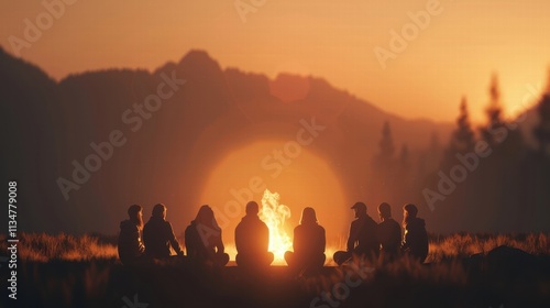Fototapeta Naklejka Na Ścianę i Meble -  Group around a campfire at sunset in nature.