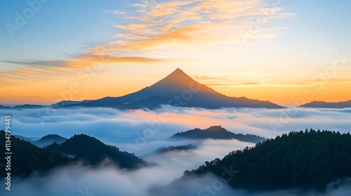 Majestic mountain peak rises above a sea of clouds during a colorful sunrise.