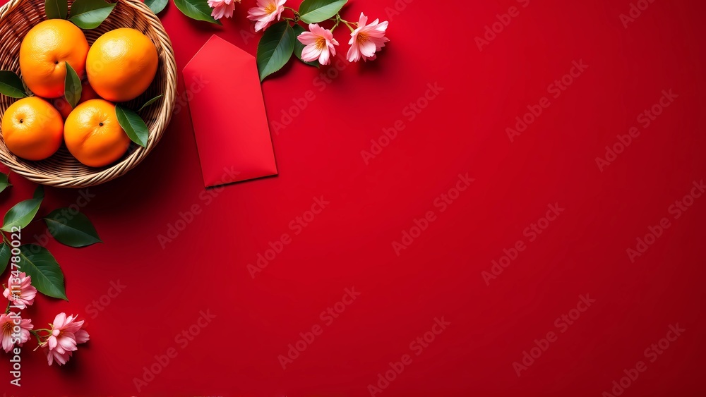 A red envelope, tangerines, and pink flowers on top view red background with copy space in right view, chinese new year lunar concept, banner, greeting card A red envelope, tangerines, and pink flowers on top view red background with copy space in right view, chinese new year lunar concept, banner, greeting card