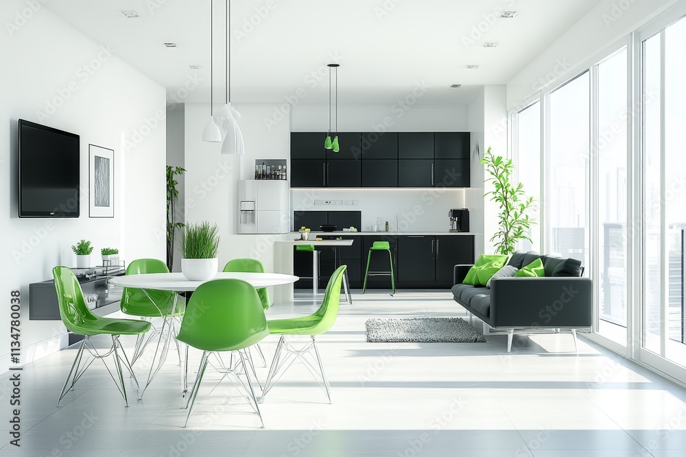 Bright and airy living room with modern design white walls, gray tiles, and stylish green chairs Bright and airy living room with modern design white walls, gray tiles, and stylish green chairs