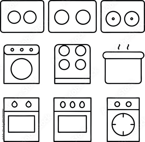 Kitchen Appliances Icons Stove, Oven, Washer, and Cooker Designs
