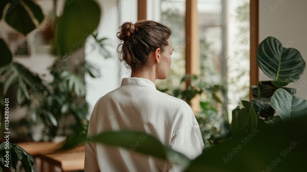 Natural light fills a biophilic office as a person enjoys greenery in a calming work environment, promoting creativity and focus Natural light fills a biophilic office as a person enjoys greenery in a calming work environment, promoting creativity and focus