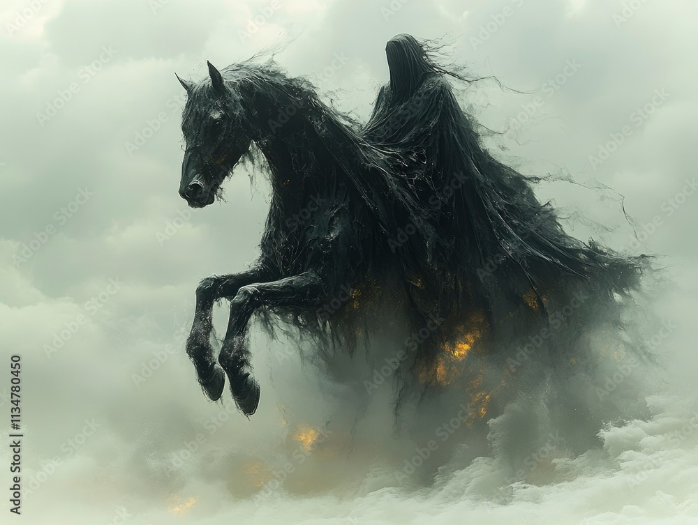 Obraz premium A horse-like creature made from shadow and smoke, ridden by dark lords and assassins