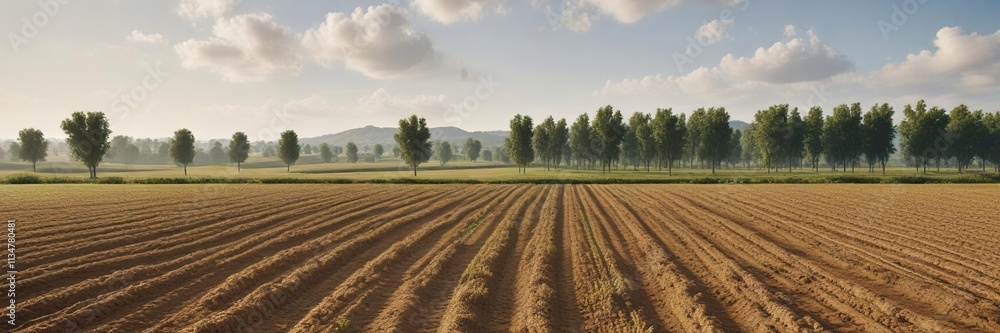 Landscape view of fields with crops and trees in the background, farmland scenery, agricultural landscape, agriculture monitoring Landscape view of fields with crops and trees in the background, farmland scenery, agricultural landscape, agriculture monitoring