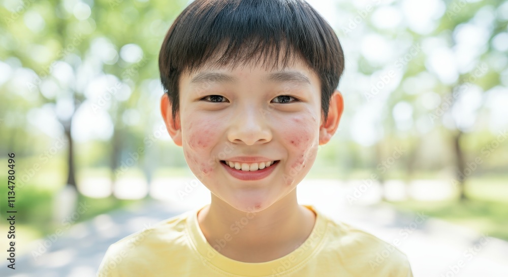 Smiling asian teen boy in sunlit park, emphasizing natural beauty and positive energy, ideal for wellness themes Smiling asian teen boy in sunlit park, emphasizing natural beauty and positive energy, ideal for wellness themes