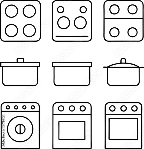 Kitchen Appliance Icons Stovetop, Cookware, Oven, and Washer