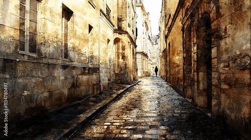 Fototapeta Naklejka Na Ścianę i Meble -  Solitary figure walking down a narrow, ancient, cobblestone street in a European city.