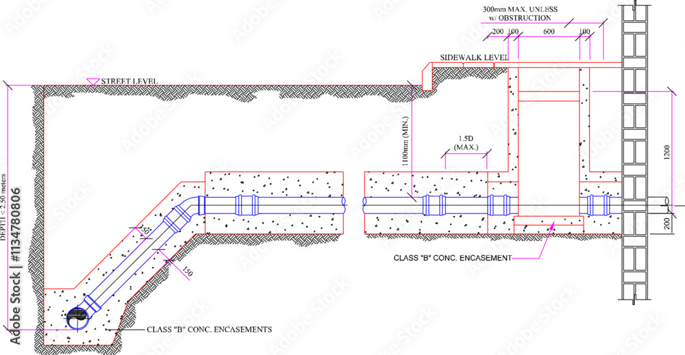 Obraz premium sketch vector illustration silhouette design CLEANOUT TO LINE SHALLOW HOUSE CONNECTION PIPE IN STREET RIGHT OF WAY.eps