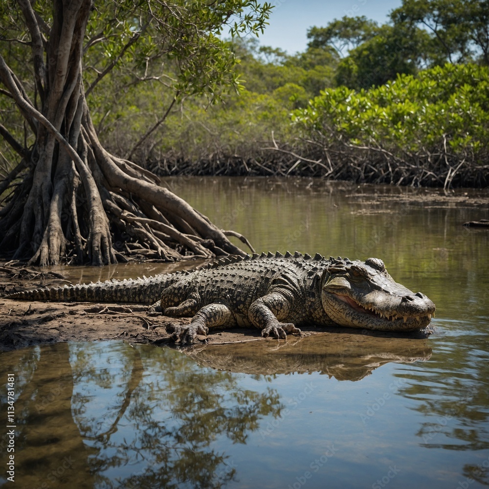 Obraz premium A crocodile sunbathing near a mangrove tree.