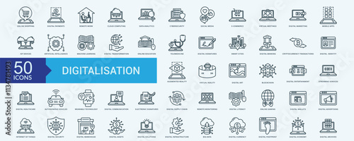 Digitalisation icon collection set with online shopping, digital payments, remote work, cloud computing, data analytics