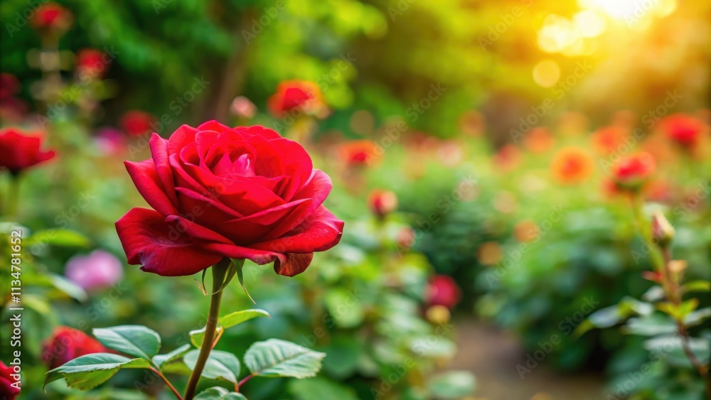 Fototapeta premium Beautiful red rose standing out in a lush flower garden, red, rose, flower, garden, nature, beauty, vibrant, petals, blooming
