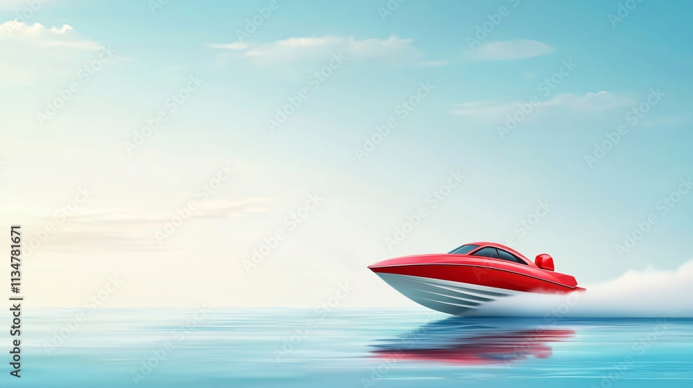 Red speedboat gliding across calm waters under a clear blue sky. Red speedboat gliding across calm waters under a clear blue sky.