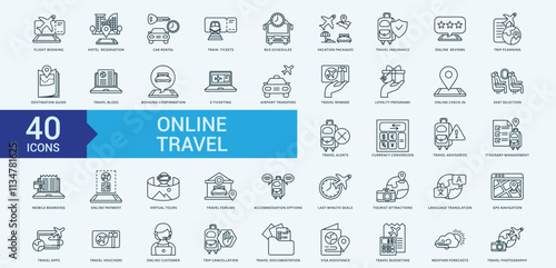 Travel online icon collection set with flight booking, car rental, train tickets, bus schedules, travel insurance