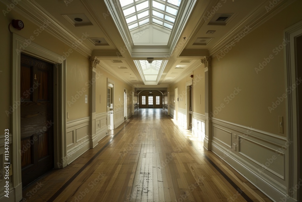 The hallway showcases beautiful wooden flooring and is illuminated by natural light streaming through the glass ceiling above, highlighting its architectural details. The hallway showcases beautiful wooden flooring and is illuminated by natural light streaming through the glass ceiling above, highlighting its architectural details.