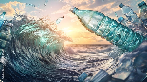 The ocean waves transform into plastic waste, symbolizing the severe impact of pollution. The vibrant, artistic colors highlight the global issue.