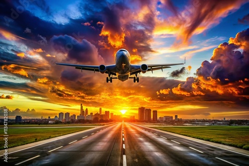 Captivating Moment: The Landing of a Passenger Plane in an Urban Setting with Vibrant Sunset and Cloudy Skies - A Stunning Documentary Photography Experience