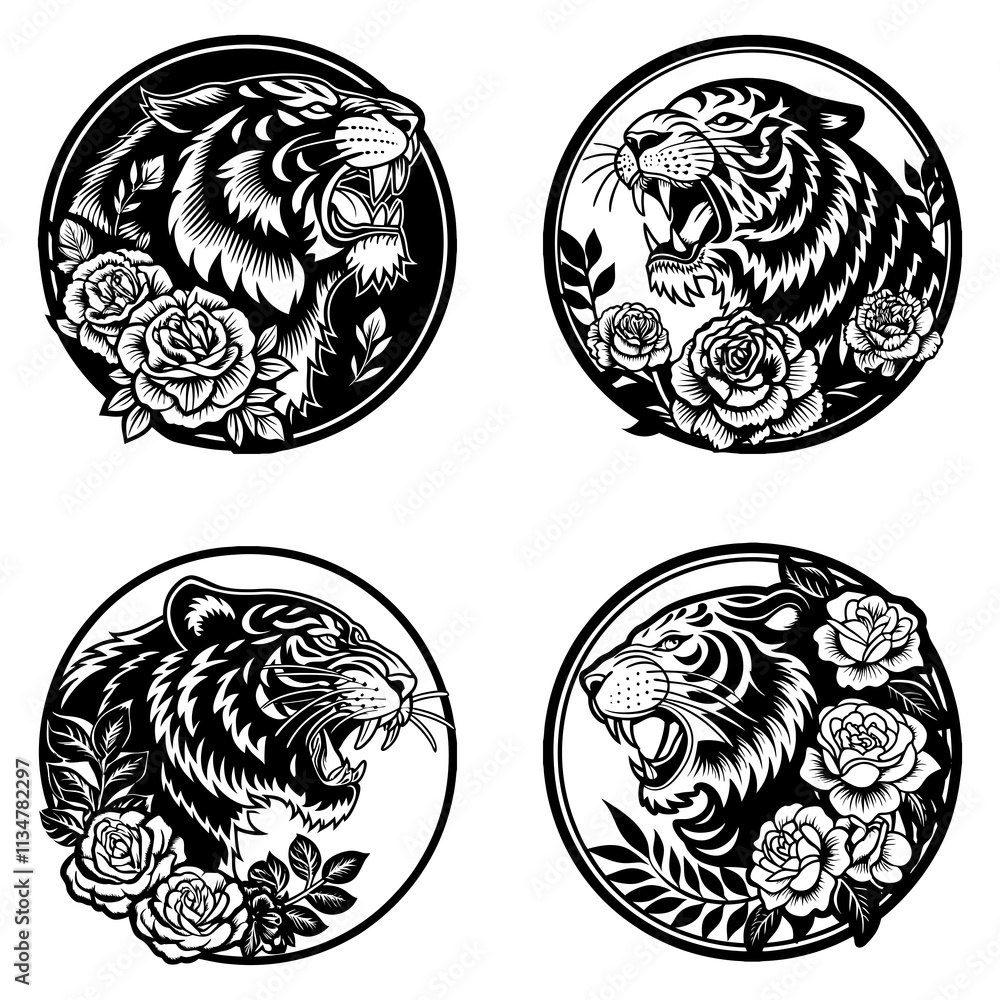Collection of tigers for tattoo on a white background. Collection of tigers for tattoo on a white background.