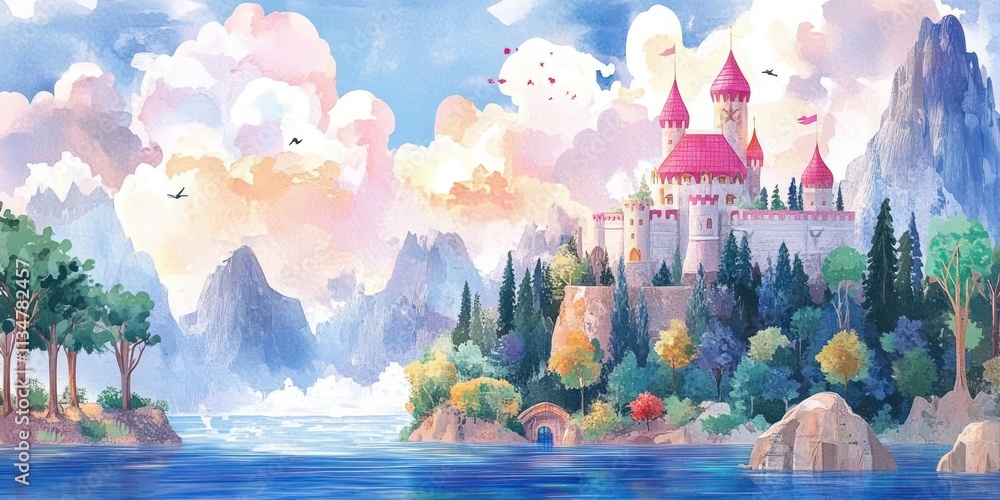 Whimsical Fantasy Landscape with Vibrant Castle, Ocean, Trees, and Mountains in Watercolor Style Whimsical Fantasy Landscape with Vibrant Castle, Ocean, Trees, and Mountains in Watercolor Style