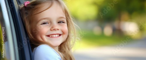 Smiling Girl Looking Out of a Car Window on a Summer Journey photo