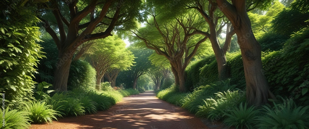 Narrow walkway through a shaded alleyway within the Glasgow botanic gardens lined with mature trees and greenery, scotland, lush vegetation Narrow walkway through a shaded alleyway within the Glasgow botanic gardens lined with mature trees and greenery, scotland, lush vegetation