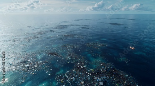 A bird's-eye view of the ocean, filled with floating plastic waste, emphasizes the large-scale problem of ocean pollution.